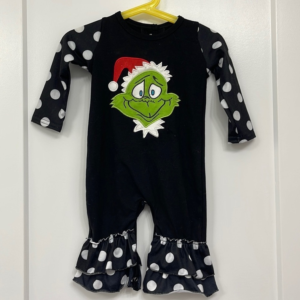 CHRISTMAS GRINCH ONSIE WITH RUFFLE POLKA DOT SLEEVES & LEG BOTTOMS.